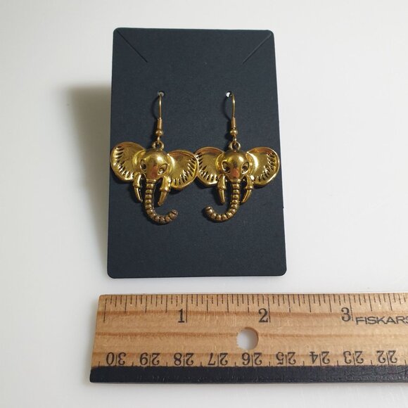 Gold Tone Elephant Dangle Earrings Women Zoo Safari Hook Backings India Vintage - Picture 3 of 3